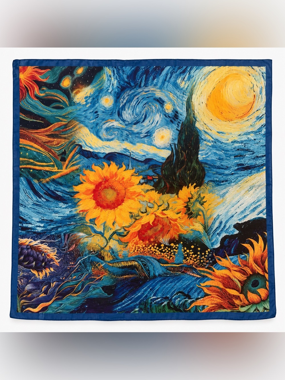 Van Gogh Inspired Starry Night Sunflower Scarf Blue Yellow Art Print Shawl
